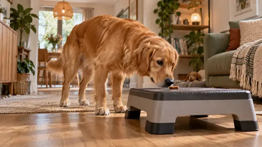 Dog sniffing a treat placed on a wide low stable step