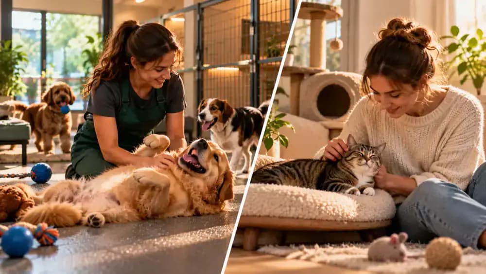 Relaxed dog receiving attentive care at a boarding facility, cat comfortably interacting with a professional pet sitter at home, and owner discussing individual pet care needs with a veterinarian.