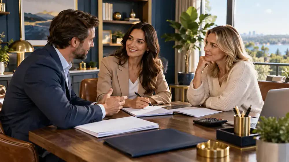 Homeowner and two real estate professionals discussing compensation terms around a conference table.