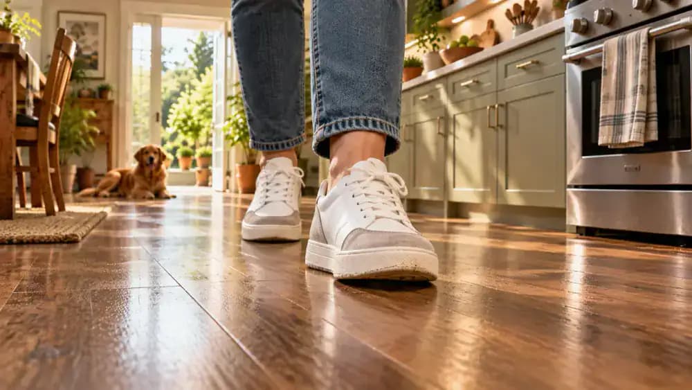 Person wearing clean, dry indoor shoes inspecting recently degreased vinyl plank flooring in an American kitchen, checking for sticky residue and pointing to a subtle dull patch near the stove.