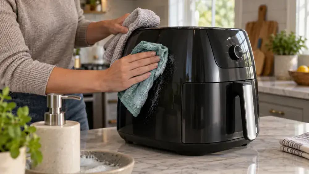 Close-up of an unplugged appliance housing being wiped with a well-wrung microfiber cloth while a dry towel follows behind and the control panel remains untouched.
