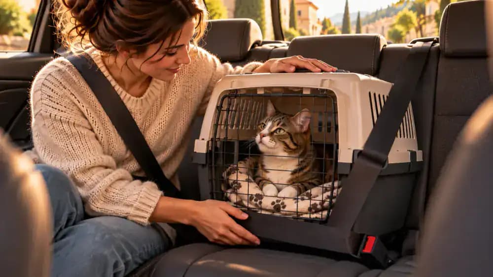 Cat carrier secured correctly to a vehicle seat using its designed belt routing