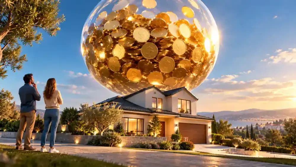 Oversized transparent sphere filled with coins hovering above a house to symbolize a large HELOC balloon payment.