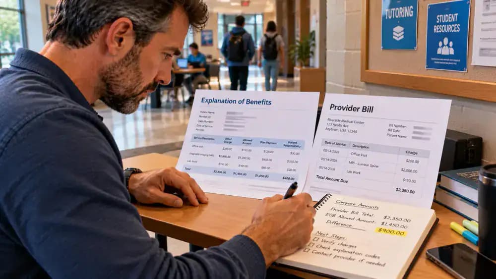 Adult seated in a community college hallway study nook comparing fictional EOB and provider bill amounts and recording a specific difference in a ruled notepad without marking either document as incorrect.