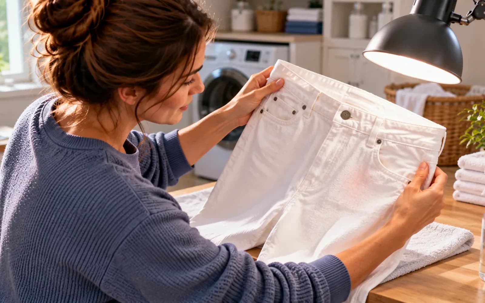 Freshly washed white jeans spread on a clean laundry table while a person lifts the damp thigh area toward a bright task light to check for faint pink or red staining, with the dryer closed in the background.