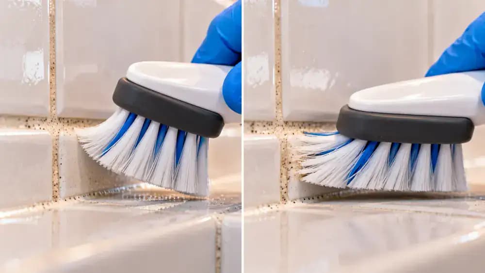 Side-by-side close-up comparing correct light brushing pressure with excessive pressure on cement-based grout between cream ceramic kitchen tiles, showing slightly flexed nylon bristles on the left and flattened, spread-out bristles on the right.