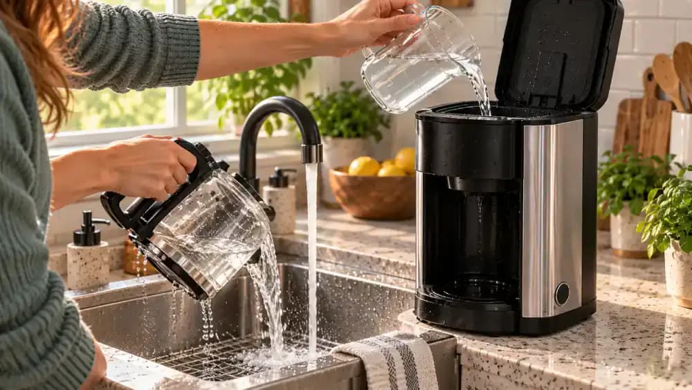 Used coffee maker descaling solution being poured from the carafe into a sink while the carafe and water reservoir are rinsed and refilled with fresh water.