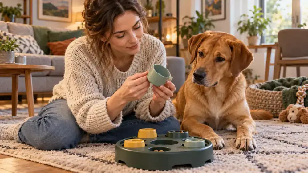 Owner inspecting removable puzzle pieces while supervising a young dog