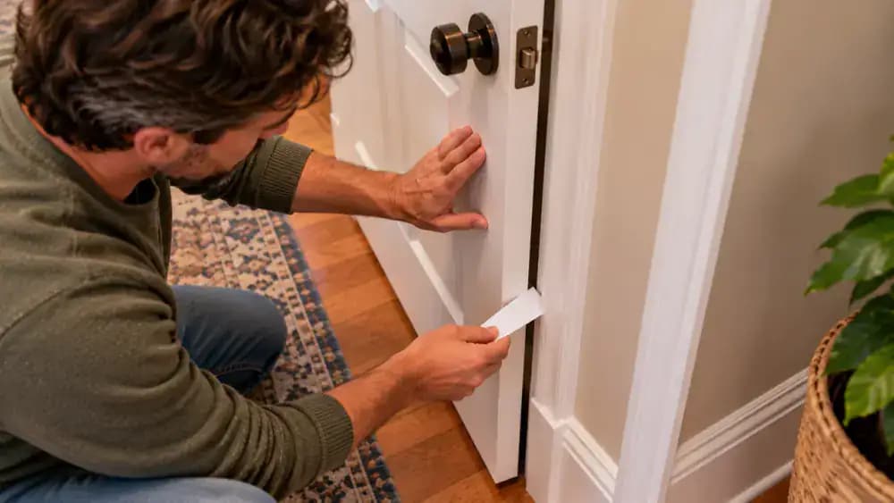 Homeowner testing door clearance with a white paper strip at the middle of the latch-side jamb of a slightly open white interior door, holding the nickel lever handle in a residential hallway.