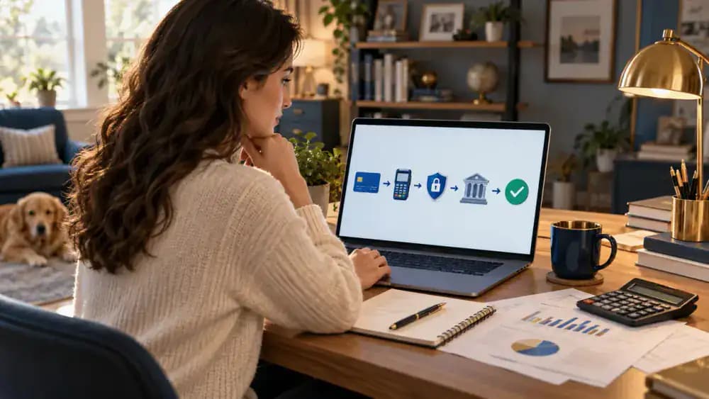 Debit card payment moving through authorization and settlement stages
