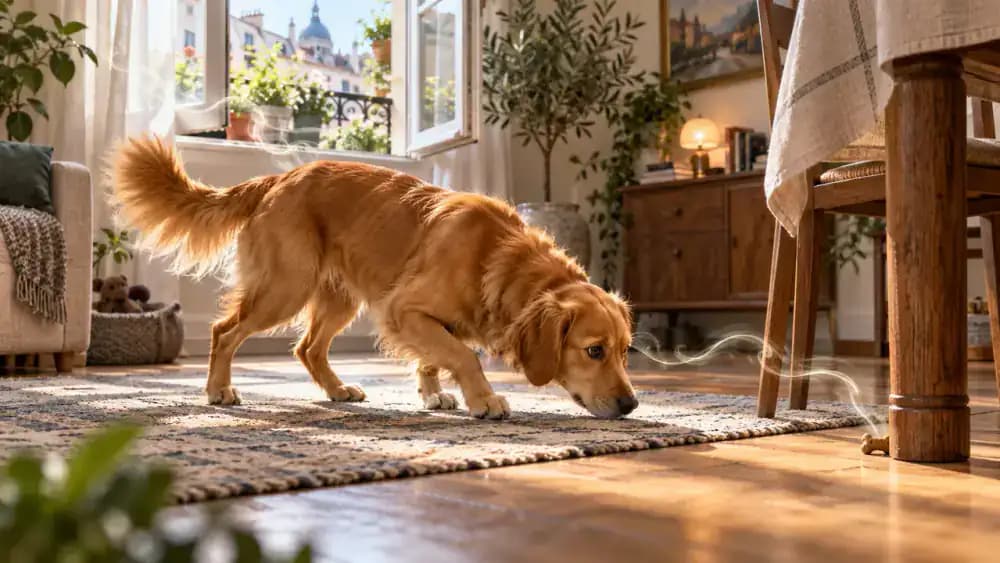 Dog following scent near a gently open window and low food hide