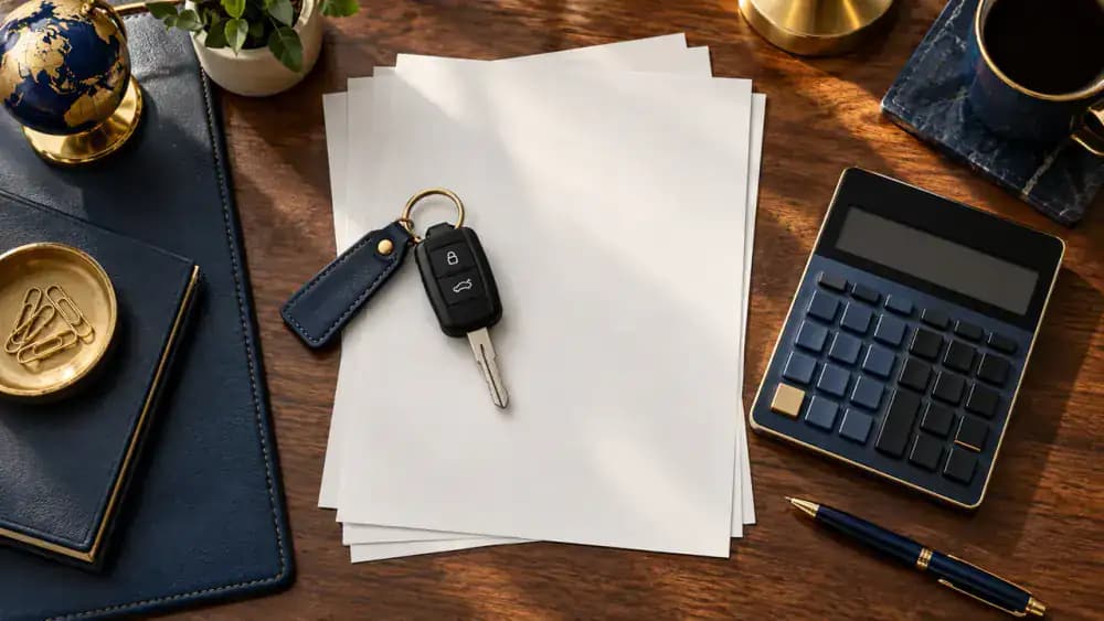 Car keys beside a calculator and organized blank financial documents on a wooden desk.