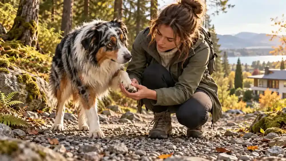 Black and white Australian shepherd pausing where a paved woodland trail transitions into rough gravel and dry twigs, shifting weight away from one front paw while its owner kneels nearby to observe.