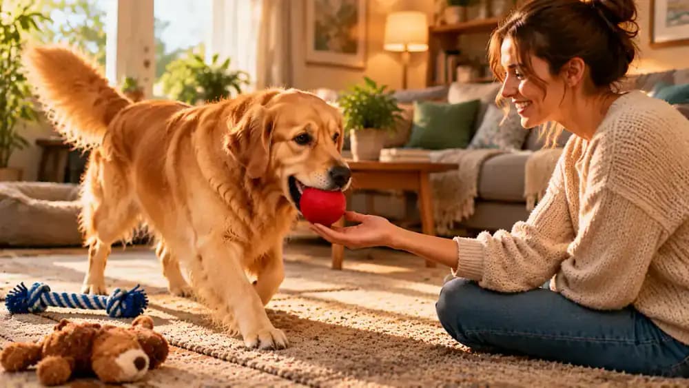 Golden retriever returning a red ball to its owner's open hand during an indoor fetch game on a carpet.