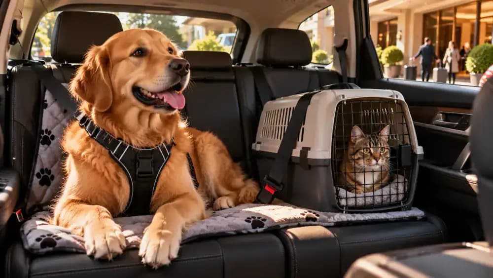 Traveler loading luggage into a vehicle outside a hotel, securing a golden retriever with a crash-tested automotive harness, fastening a ventilated cat carrier on the back seat, and adjusting the vehicle's climate controls.