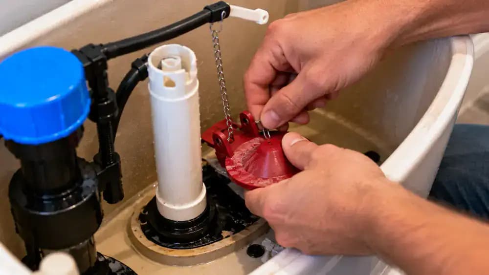 Close-up inside a drained white toilet tank showing a homeowner disconnecting the flapper chain from the flush lever, gently releasing the old black rubber flapper from mounting pegs beside the overflow tube, and lifting it away from the circular flush valve seat.
