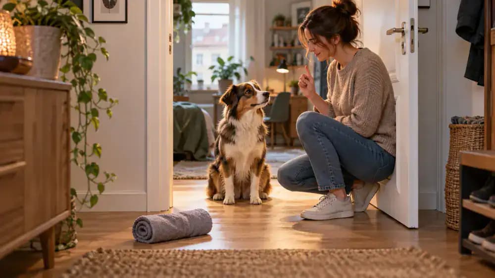 Dog practicing the leave it cue beside a harmless rolled towel on the floor of a bright hallway near an open doorway.