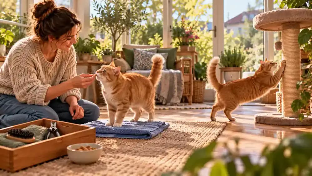 Ginger cat voluntarily stepping onto a folded blue towel on a low wooden platform in a bright sunroom while its owner offers a treat nearby.