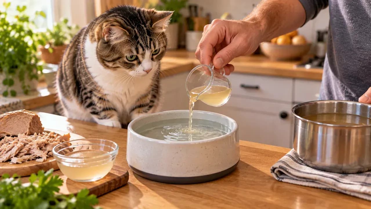 Tiny amount of unsalted plain cooked-meat liquid being added to a separate bowl of water