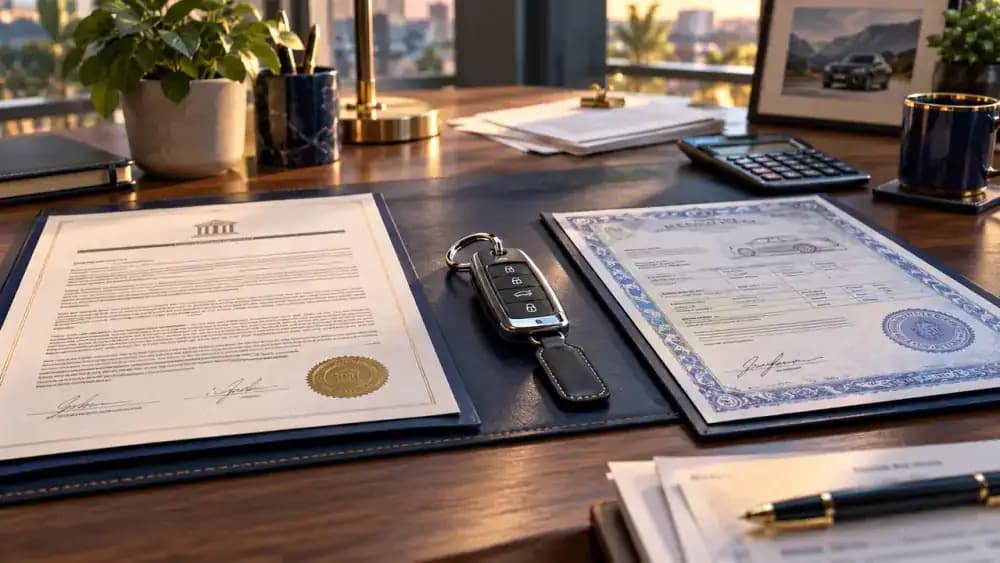 Car key beside separate loan and vehicle title documents