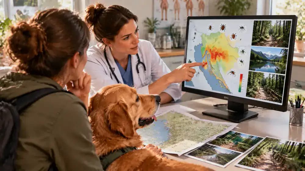 Veterinarian showing a pet owner a regional parasite risk map on a clinic monitor, with nearby parks, wooded areas, neighborhoods, and parasite illustrations visible.
