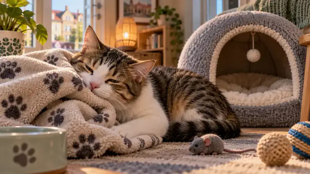 New cat resting beside a familiar blanket from its previous environment