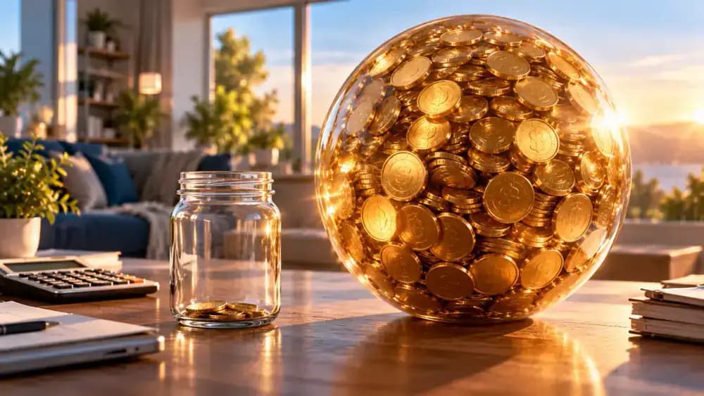 Nearly empty household savings jar beside a massive coin-filled sphere representing an unaffordable balloon payment.