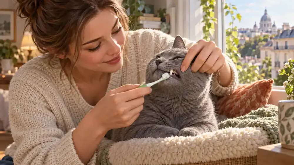 Gray cat sitting calmly on a window perch while accepting one gentle toothbrush stroke on its outer canine