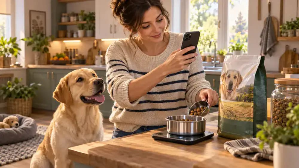 Black Labrador waiting beside its food bowl while an owner measures food and documents feeding details