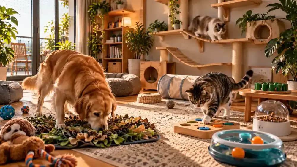 Bright indoor pet enrichment area featuring a dog following a scent trail across a washable mat, a cat investigating a puzzle feeder, and another cat watching moving shadows from a secure indoor platform.