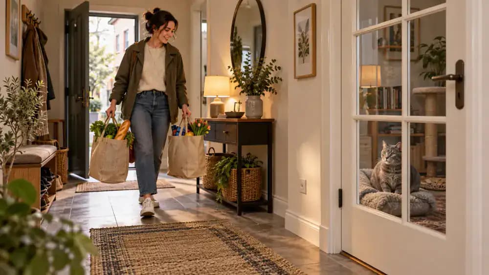 Homeowner unloading reusable grocery bags one at a time through the front entrance while a gray cat watches safely through the transparent panel of a closed interior hallway door.