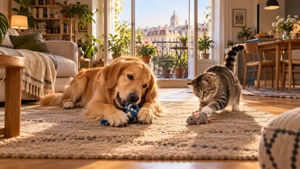 Dog and cat relaxing with a small selection of familiar toys in a rental apartment