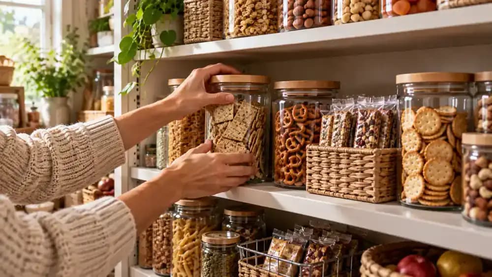 Hands organizing a dry pantry shelf with a sealed cracker box and pretzel bag at the back, individually wrapped granola bars in a shallow storage bin at the front, and baking supplies neatly separated on the left.
