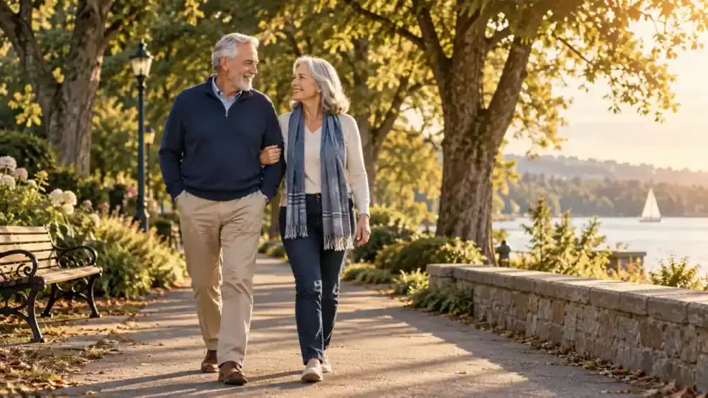 Older couple walking together representing permanent life insurance coverage.