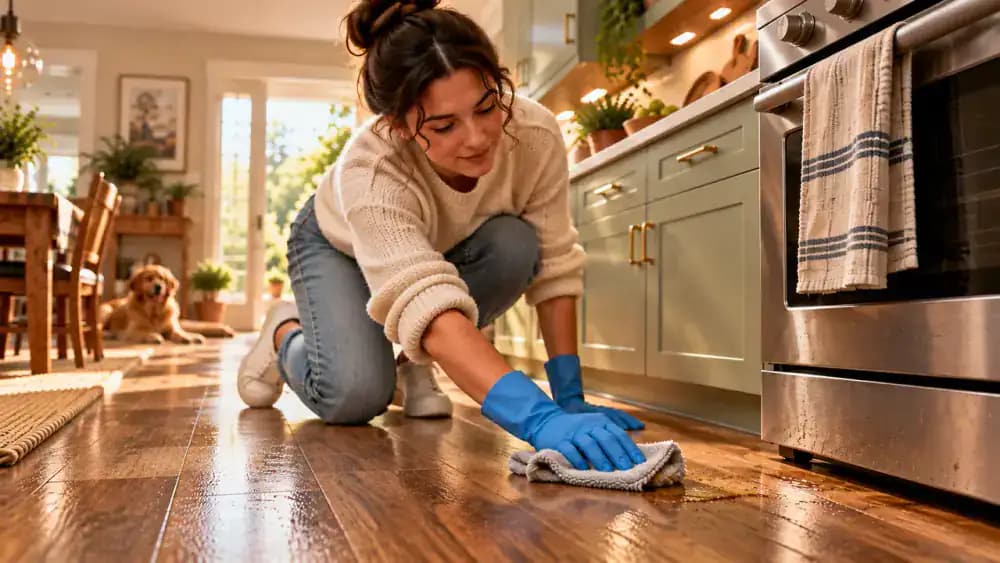 Close-up of a person gently wiping a small sticky patch on dry vinyl plank flooring beside a kitchen stove with a folded microfiber cloth, keeping moisture away from plank seams.