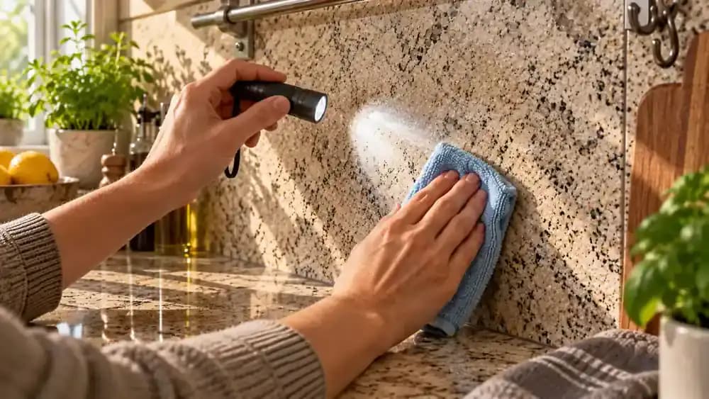 Close-up of a dry natural stone backsplash being inspected with a portable light while a microfiber cloth treats a small hazy spot without wetting the grout.