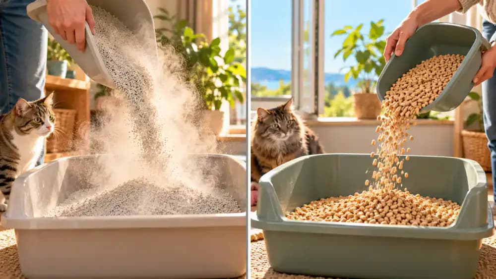 Side-by-side comparison showing cat litter poured from a high position creating a visible dust cloud, while litter poured slowly near the bottom of a tray produces less airborne dust beside a naturally ventilated window.