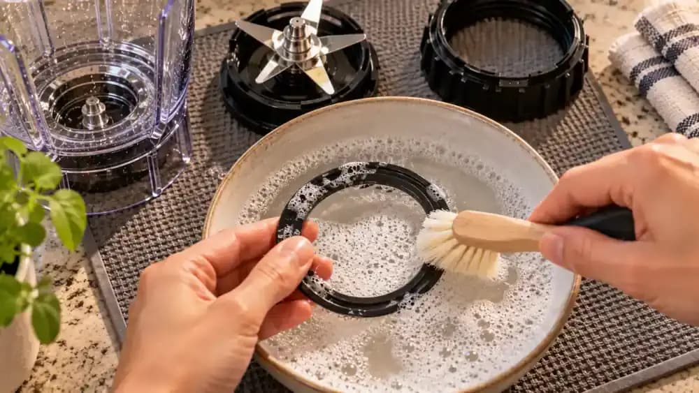 Close-up of an adult cleaning a removable rubber blender gasket with a soft-bristle brush beside a white bowl of warm soapy water, with the detached blade assembly secured in a protective holder on a terracotta silicone mat.