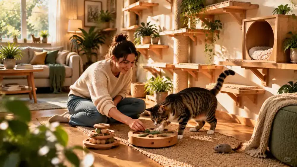 Owner placing a puzzle feeder near a cat climbing area and rotating a hanging cat toy as the cat explores the feeder, visits a familiar shelf, and rests on an elevated platform.
