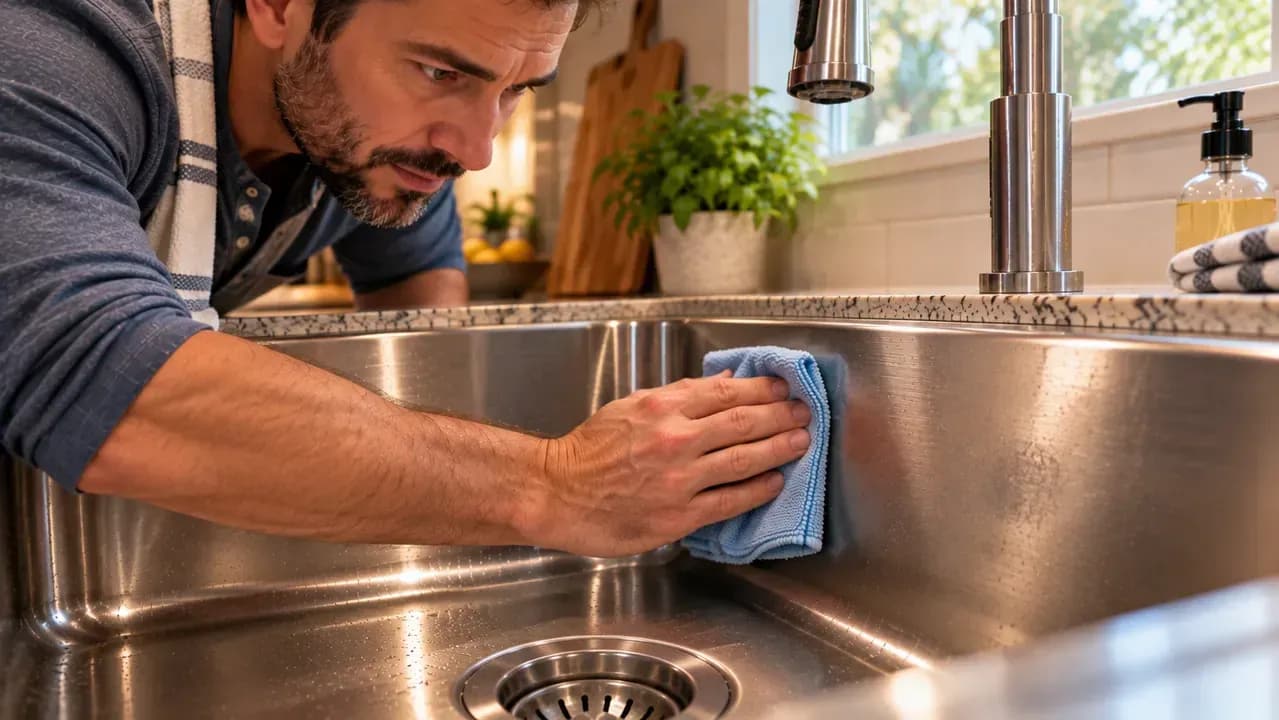 Adult homeowner inspecting a wet stainless steel sink from a low angle under kitchen lighting while wiping a faint dull patch on the lower sidewall with a damp microfiber cloth in the direction of the grain.