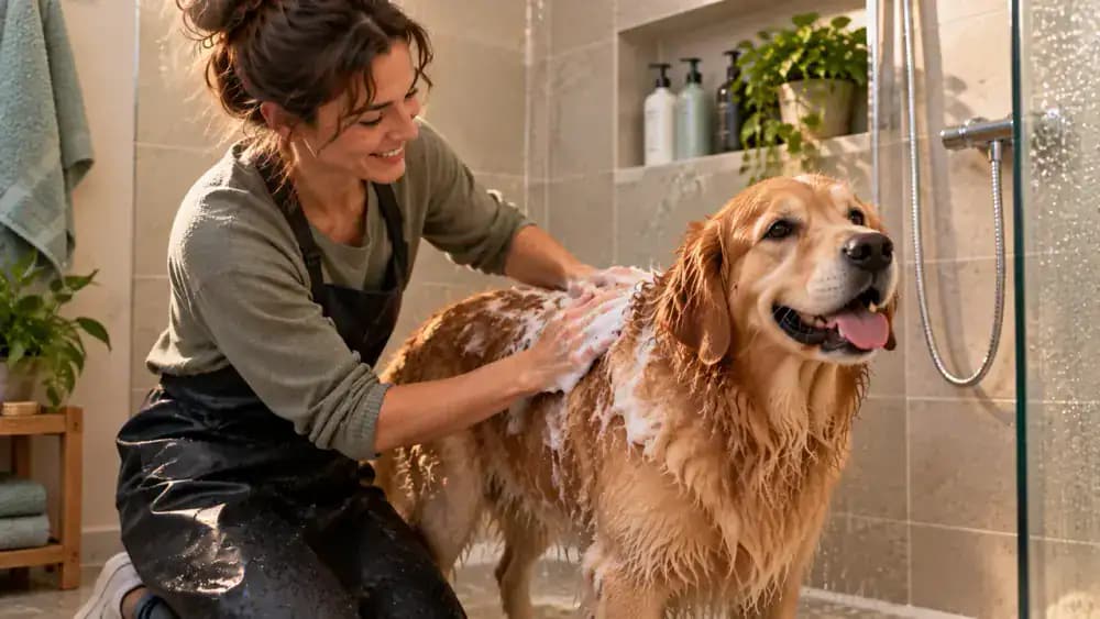 Owner gently massaging a small amount of dog shampoo into the wet back of a golden retriever standing in a shower.