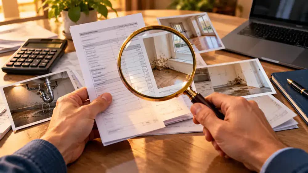 Magnifying glass positioned over repair invoices and apartment condition photographs during a documentation review.