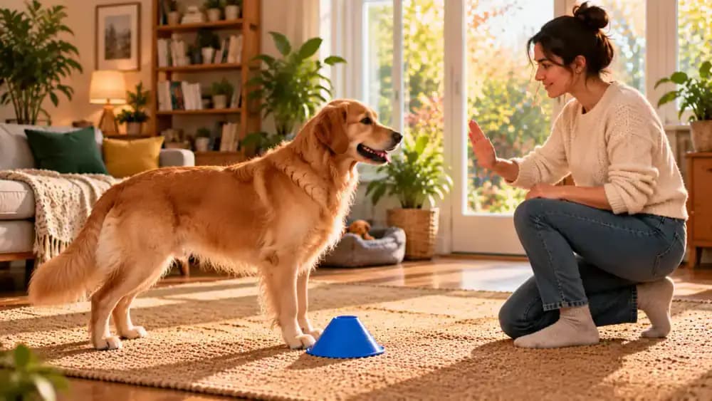 Dog approaching a single blue marker on a non-slip mat, pausing comfortably beside it after its owner's hand signal, receiving a treat, and beginning another gentle movement.