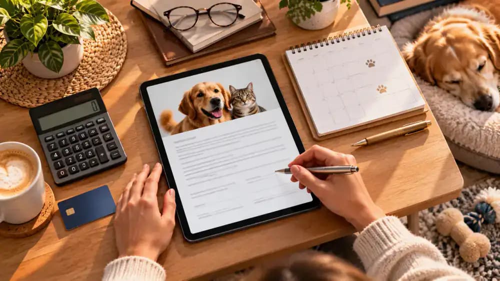 Pet owner reviewing a boarding reservation agreement on a tablet at a home office desk, with cancellation terms, payment deadlines, holiday surcharges, optional fees, a calculator, and booking confirmation visible.