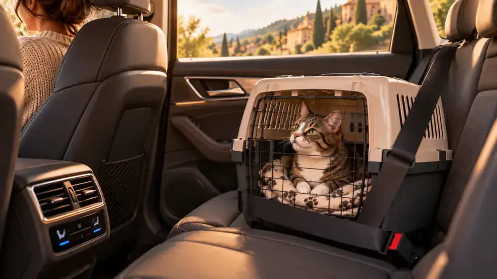 Cat in a secured carrier inside a comfortable climate-controlled vehicle