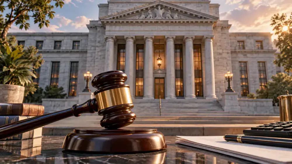 Classical central bank building with a judicial gavel in the foreground, symbolizing the adoption of federal credit card protections.