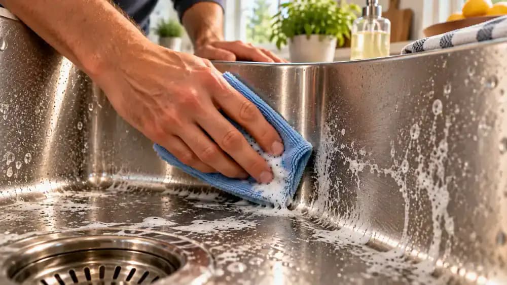 Close-up diagonal view of a homeowner using a white microfiber cloth folded into a triangular tip to gently clean chalky hard water deposits along the curved interior corner of a stainless steel kitchen sink.