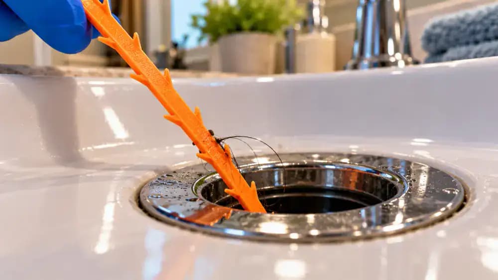 Close-up side view of a gloved homeowner using a flashlight to inspect a bathroom sink drain before gently retrieving a remaining hair strand with a flexible plastic drain-cleaning strip near the upper opening.