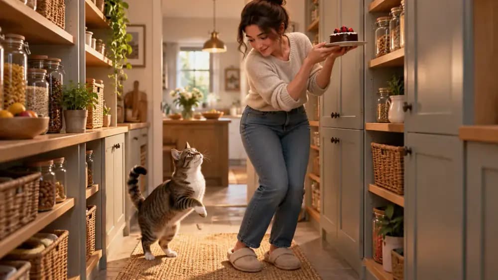 Hazardous human foods stored behind closed pantry doors while the owner moves a dessert plate away from a cat