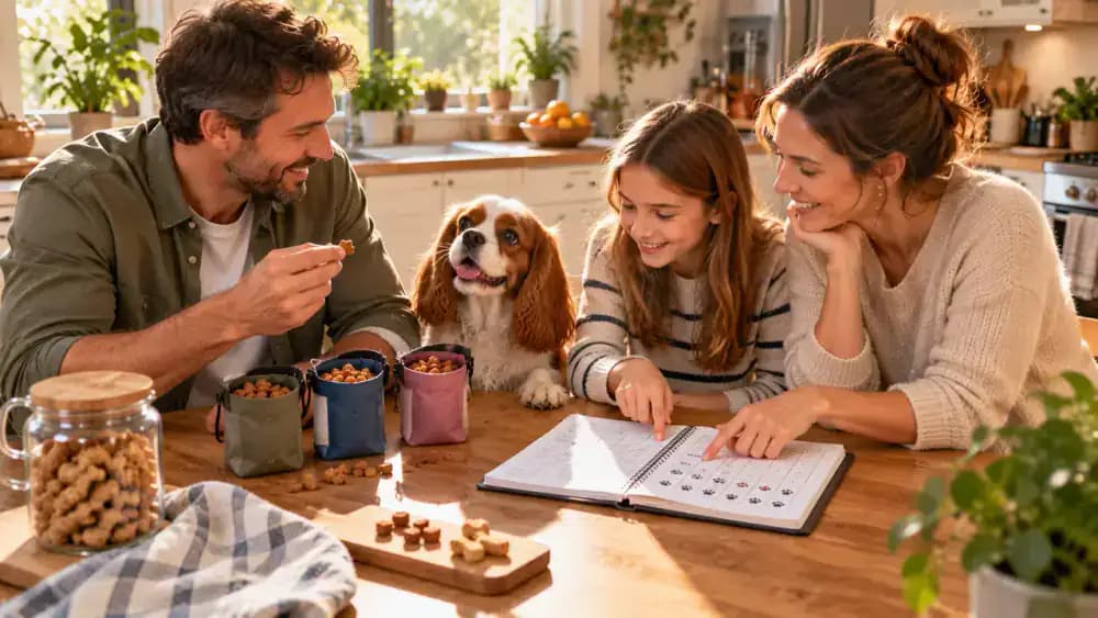 Family in a sunlit modern kitchen reviewing a daily dog reward log on a tablet and notebook while their Cavalier King Charles Spaniel waits nearby and a nearly empty treat pouch rests on the counter.